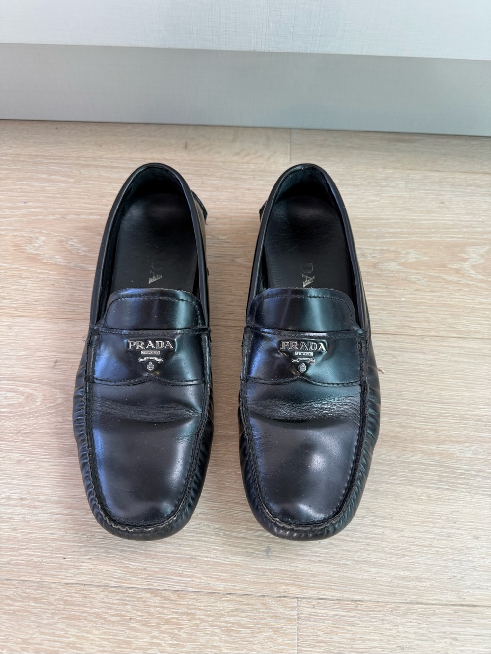 Prada Black Leather Logo Penny Loafers